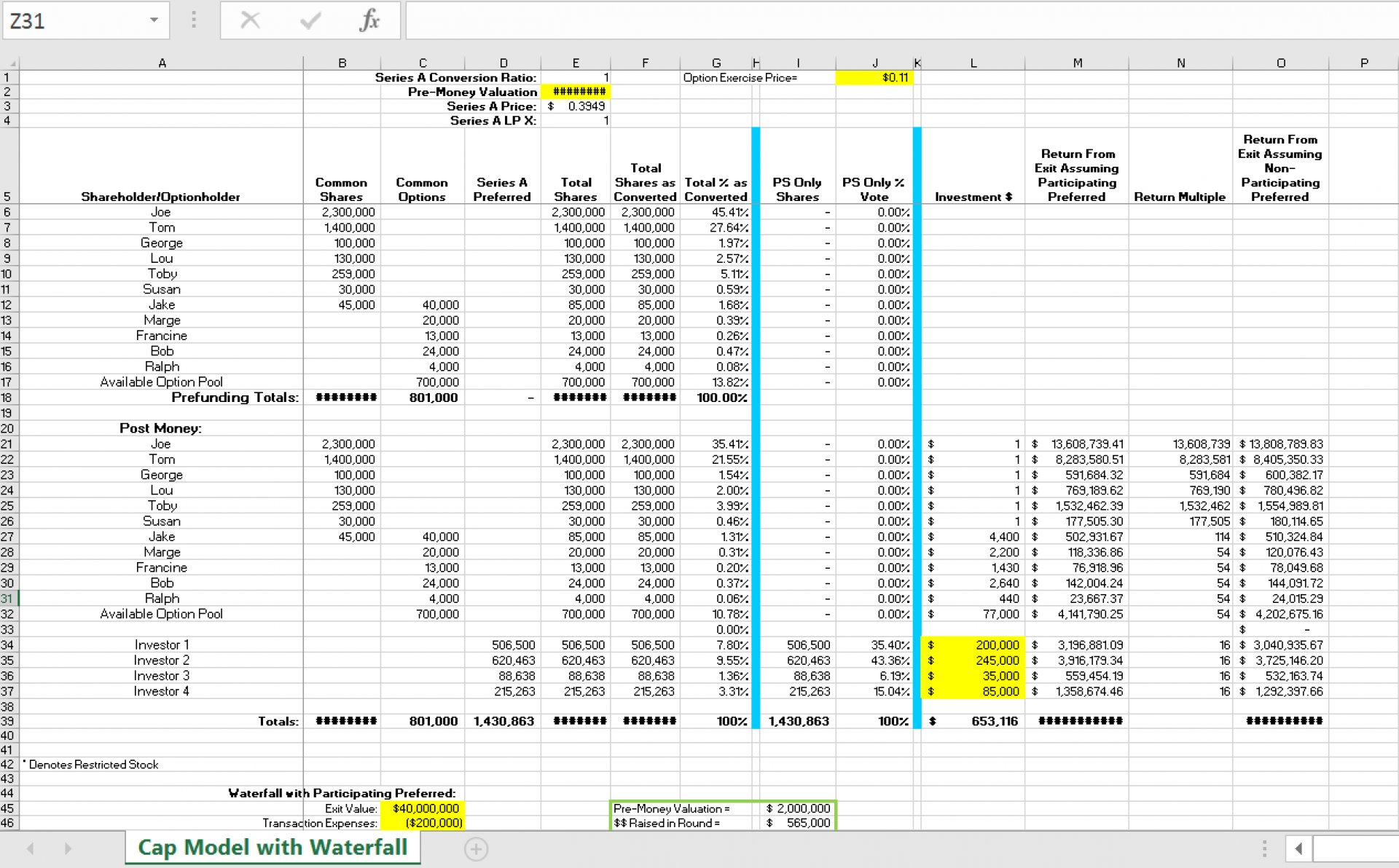 Excel Startup Cap Table Template