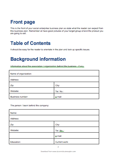 social enterprise business plan template