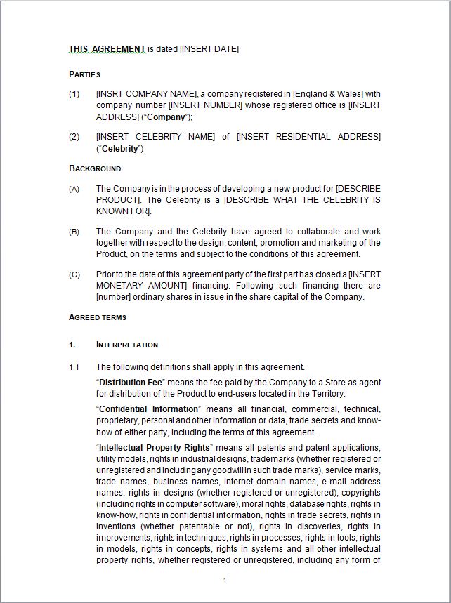 Celebrity Endorsement Agreement Template Eloquens