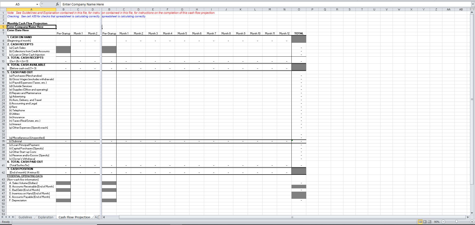 Cash Flow Projection Worksheet in Excel Eloquens
