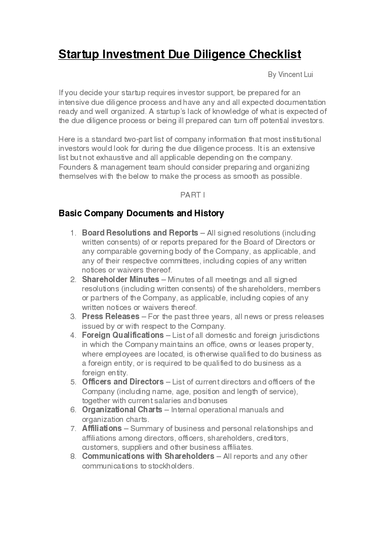 Startup Investment Due Diligence Checklist Eloquens