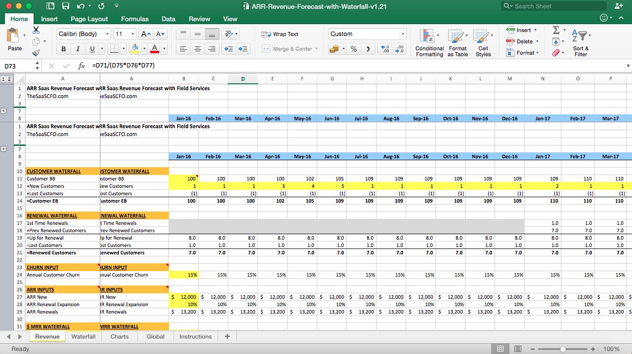 SaaS Revenue Waterfall Excel Chart Template Eloquens