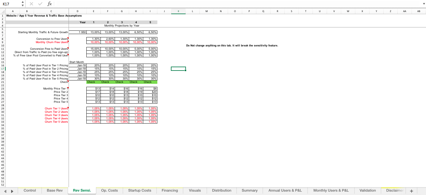 Mobile App / Website 5 Year Recurring Revenue Excel Model Template