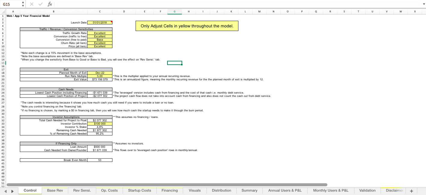 Mobile App / Website 5 Year Recurring Revenue Excel Model Template