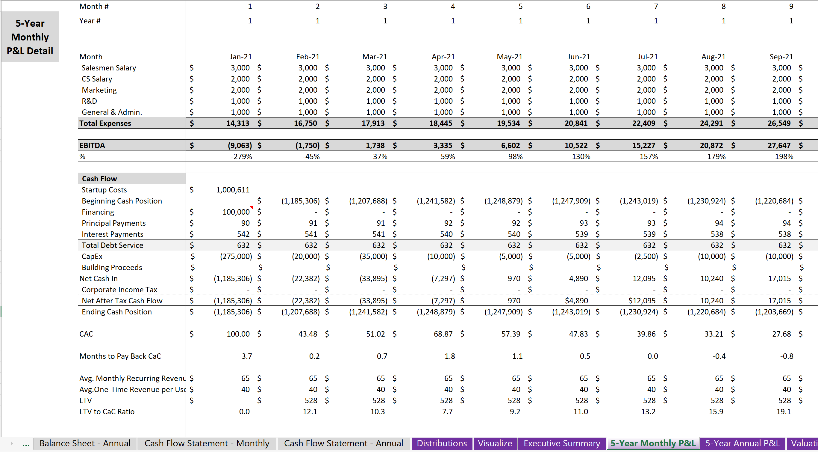 5Year SaaS Startup Excel Financial Model 4 Pricing Tiers + Advanced