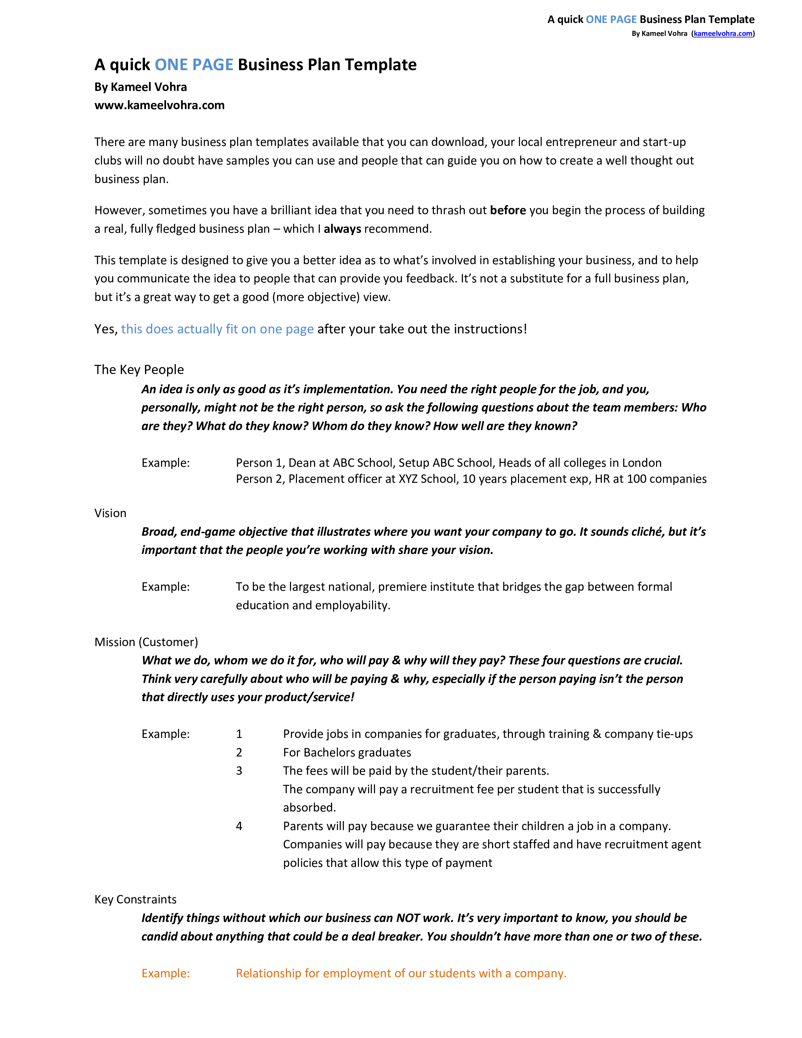 A Quick One Page Business Plan Template - Eloquens With One Page Business Summary Template