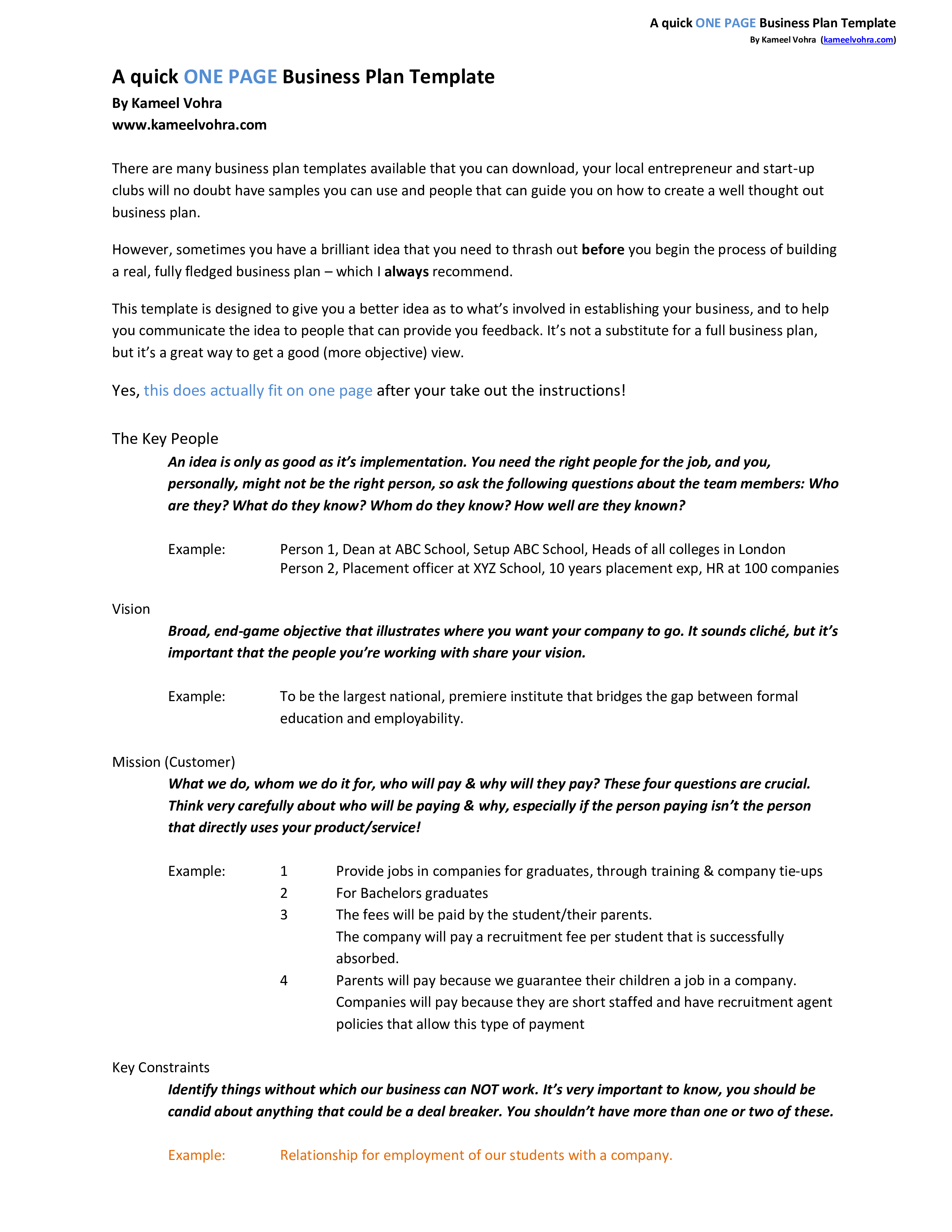 A Quick One Page Business Plan Template - Eloquens