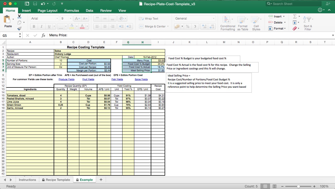 Recipe Costing Worksheet - Eloquens