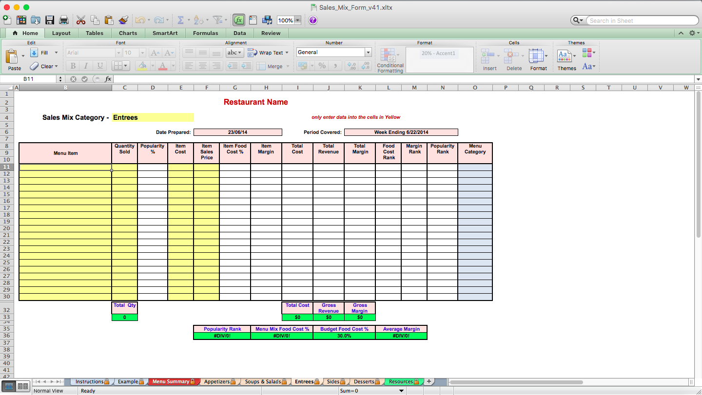 Sales Mix, Menu Mix and Menu Engineering Spreadsheet - Eloquens With Regard To Restaurant Menu Costing Template