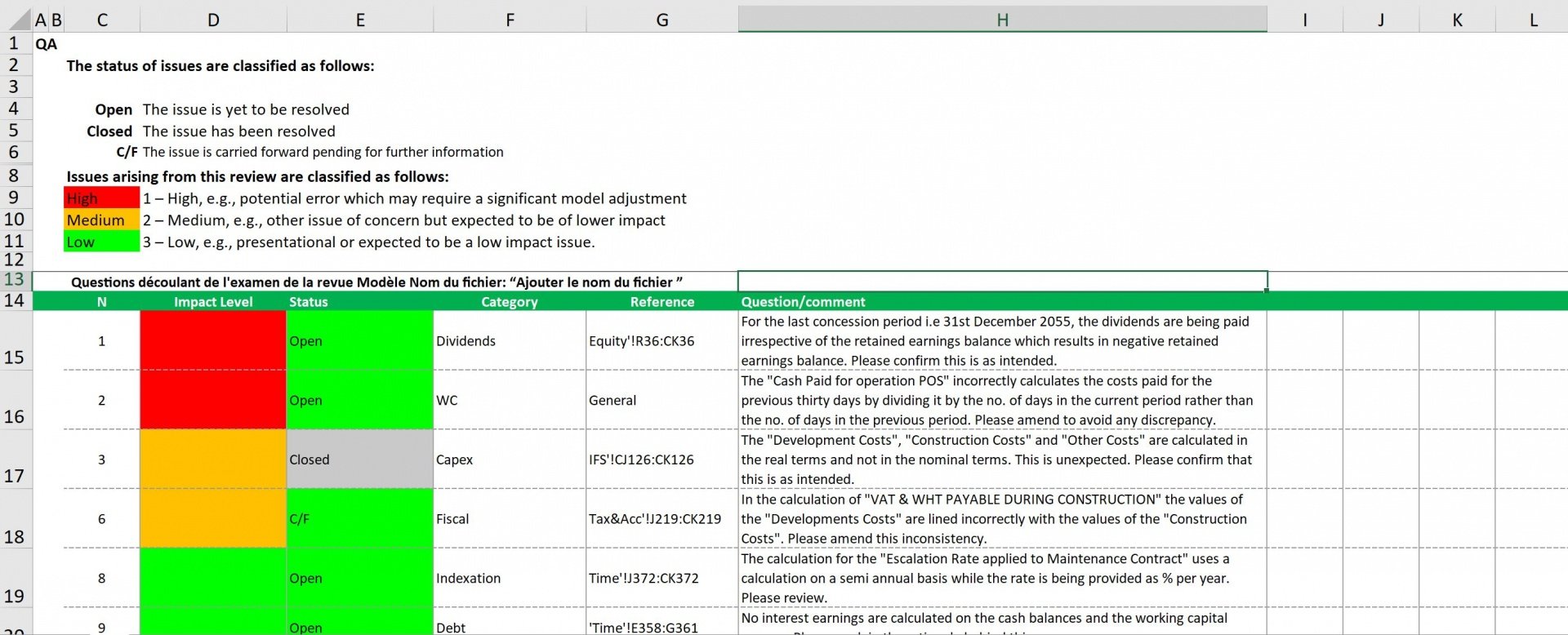 Q&A Tracking Sheet for a Financial Model (Excel) Eloquens
