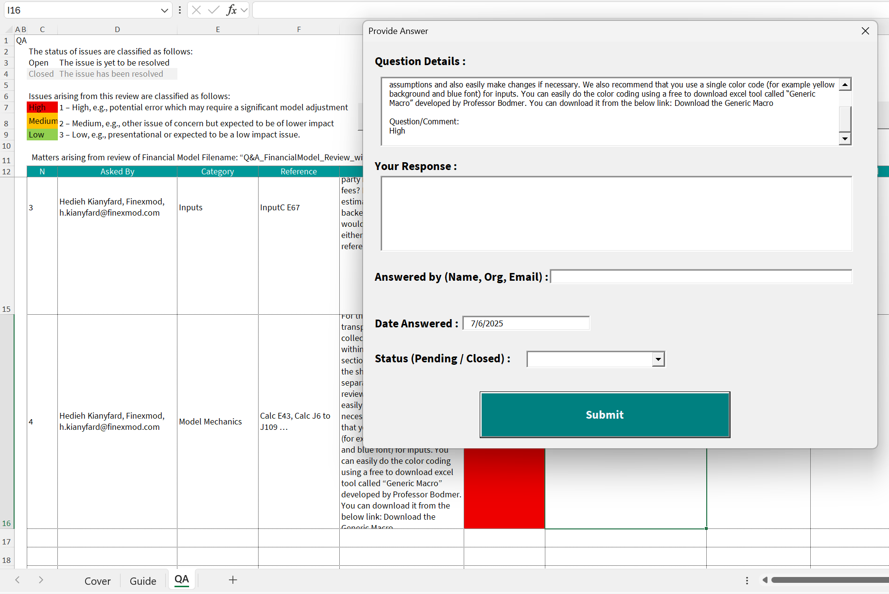 Q&A Tracking Sheet for a Financial Model (Excel) - Eloquens