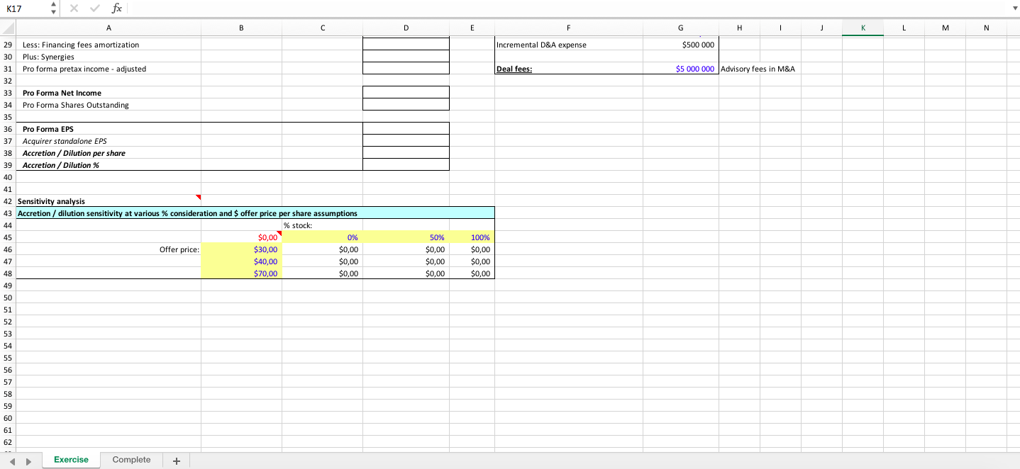 M&A Model Accretion Dilution Excel Model Template + Instructions