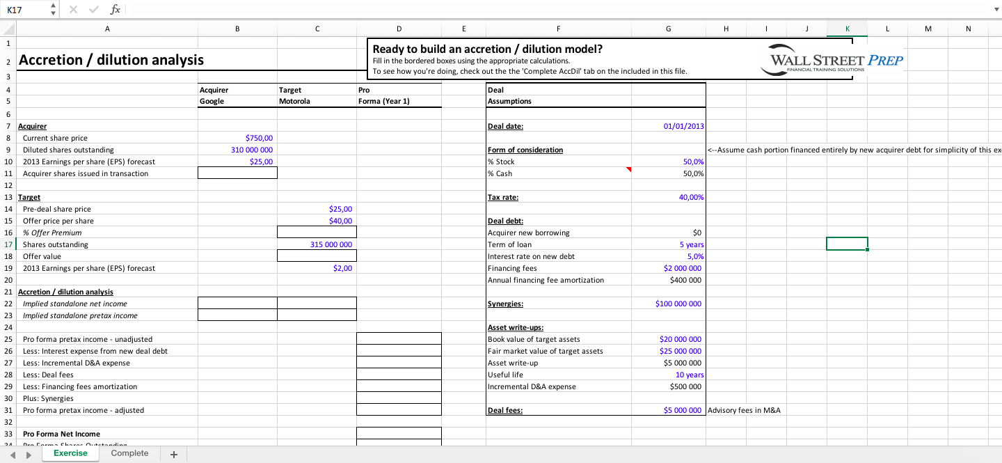 M&A Model Accretion Dilution Excel Model Template + Instructions