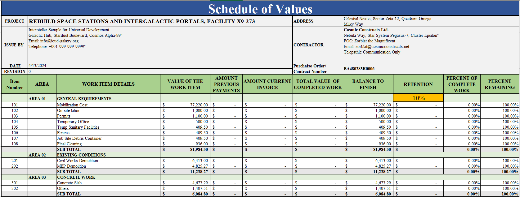 Project Schedule of Values Template for Construction and 