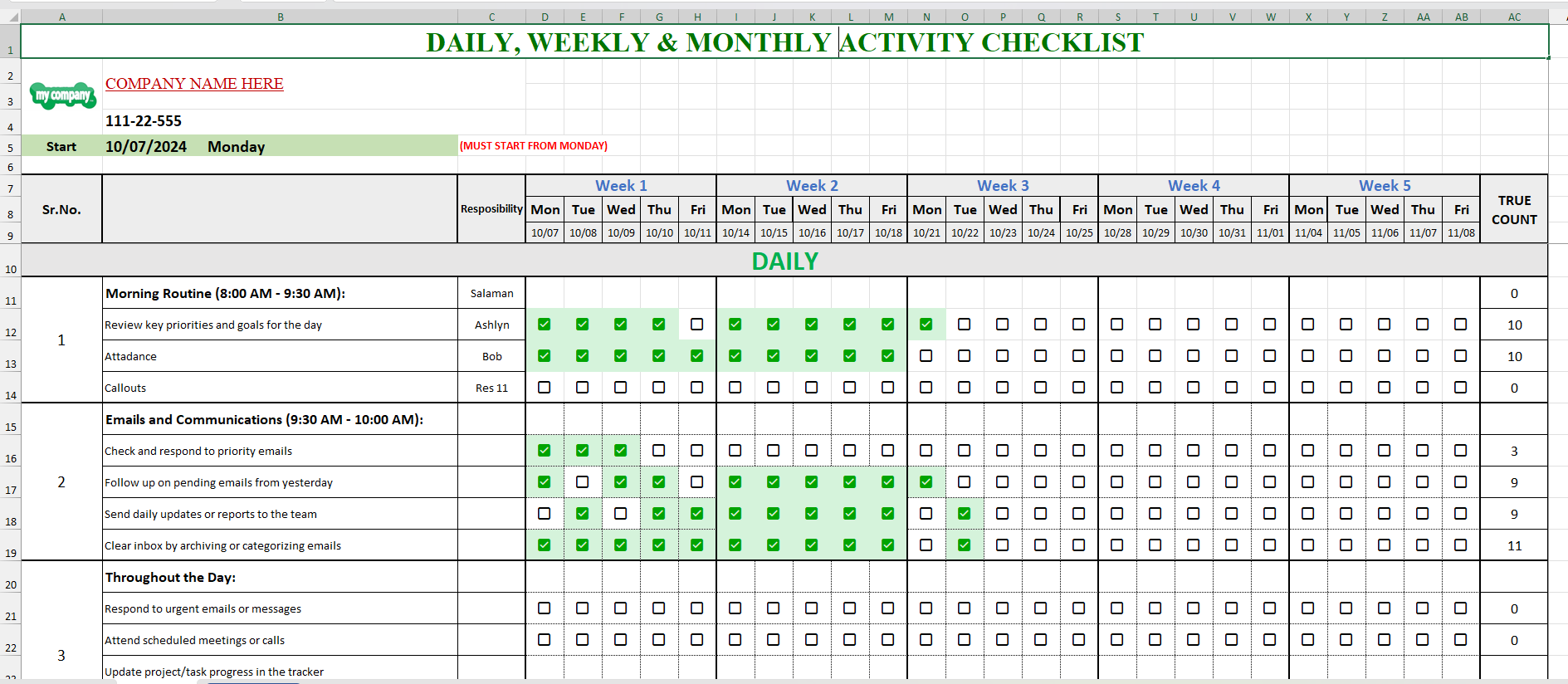 Employee Productivity Checklist - Daily and Weekly Task Management ...