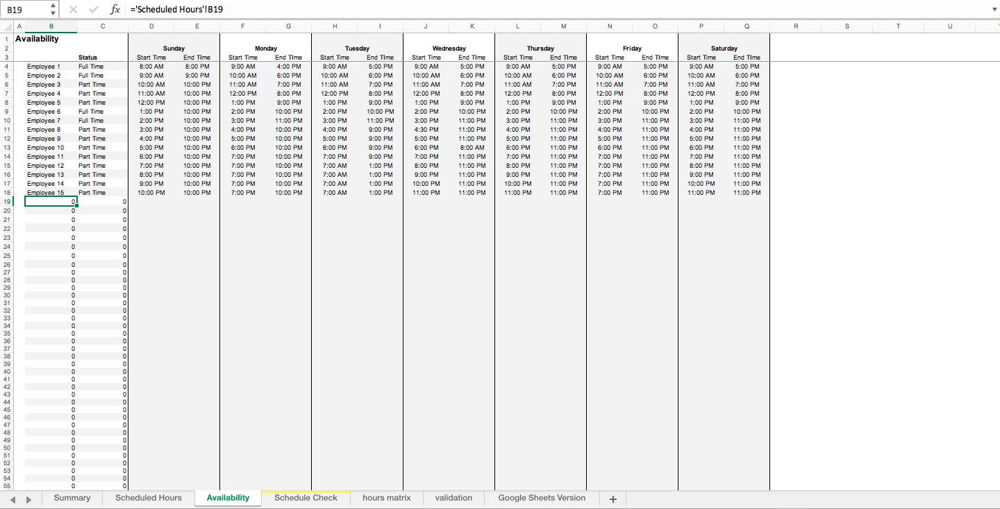 Employee Scheduling Excel Template 30 Minute Blocks Over 7 Days