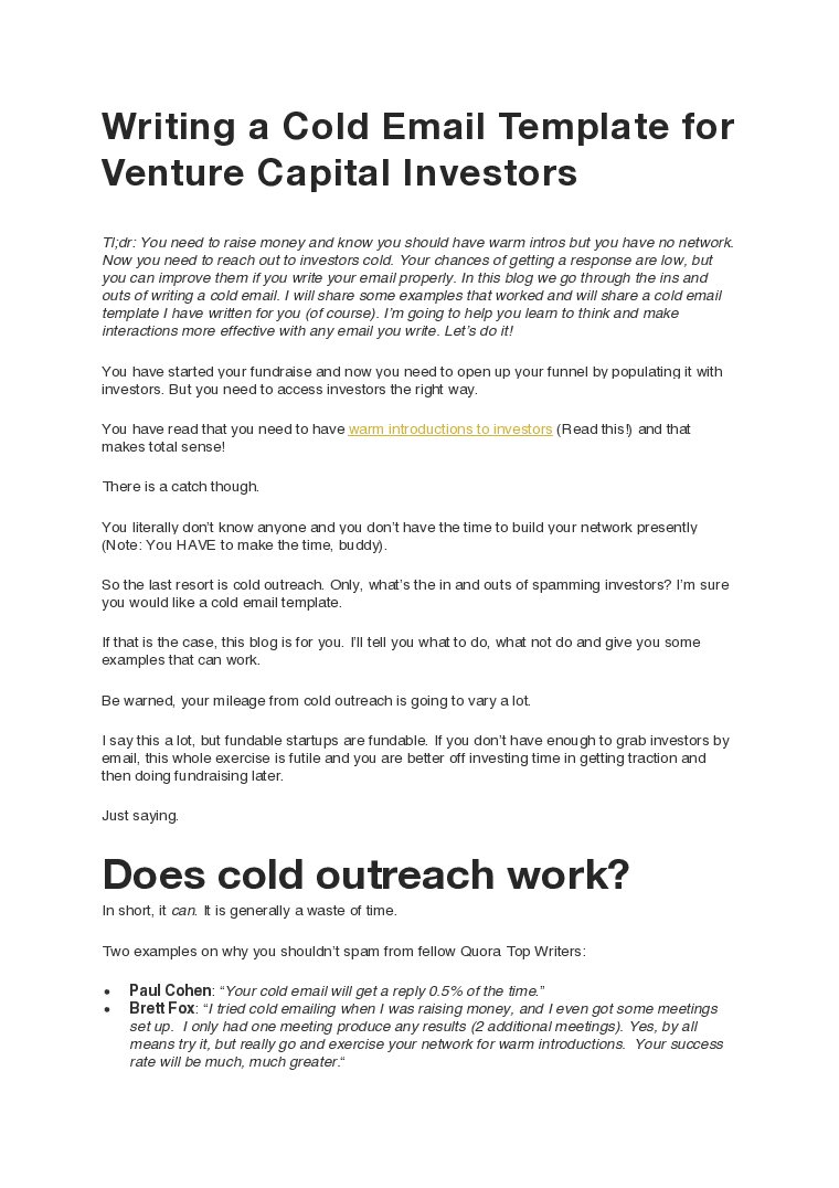 How to write a cold email template for Venture Capital investors