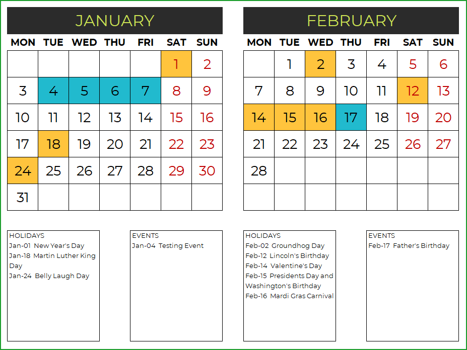 2022 Calendar Template Excel Spreadsheet Eloquens