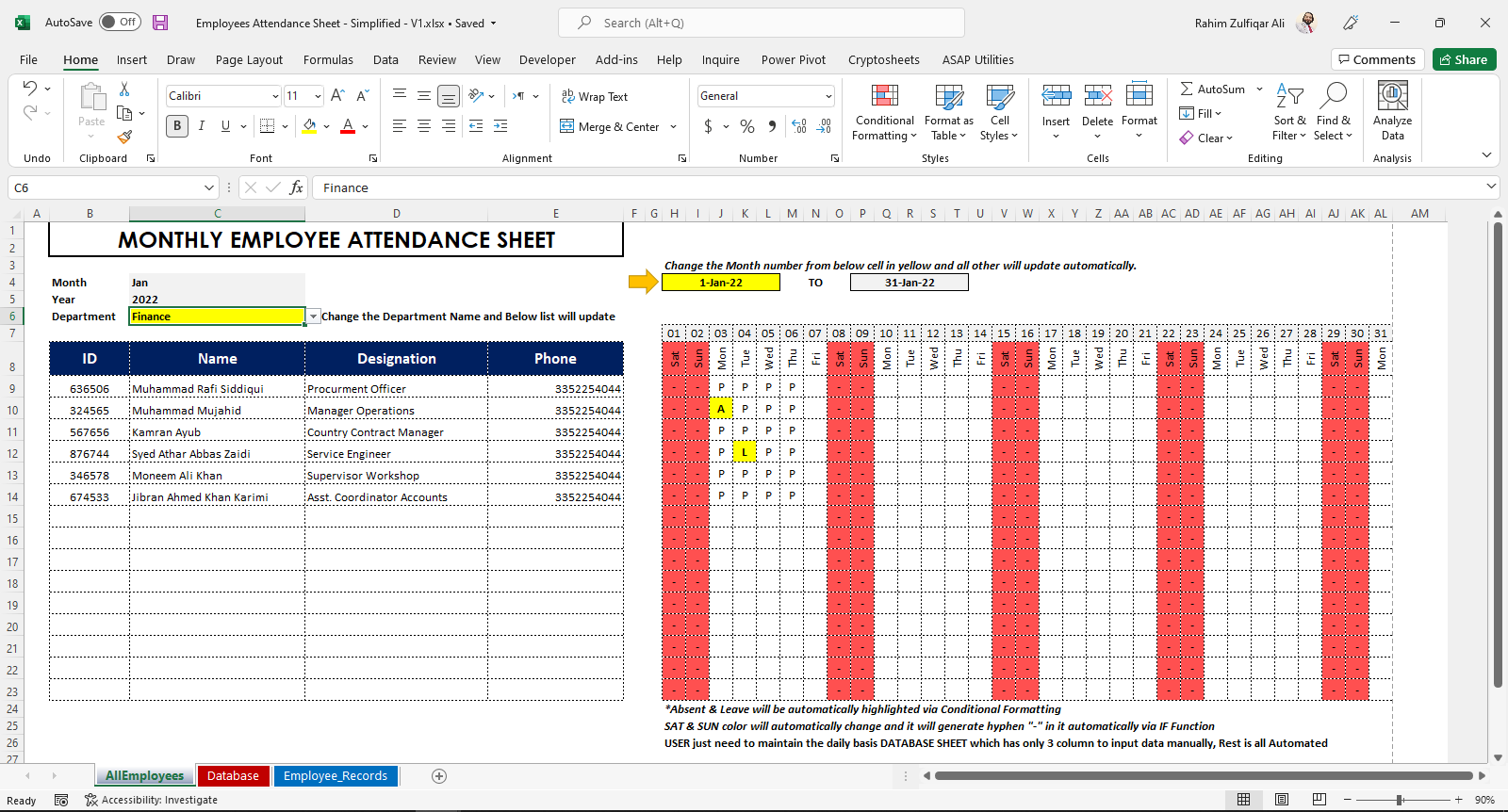 employee attendance sheet